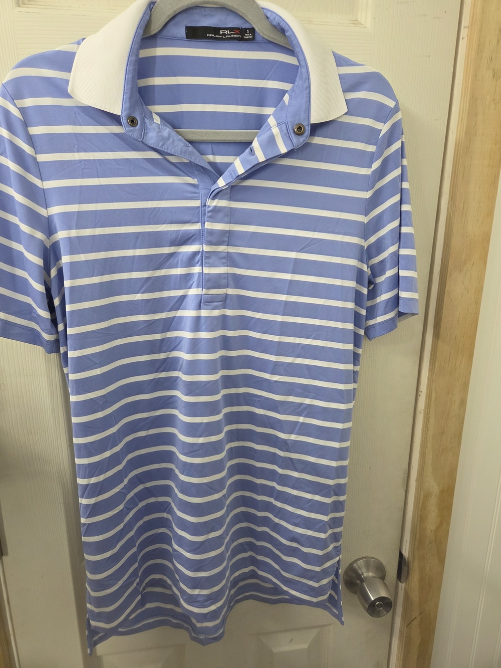 RLX Ralph Lauren Blue and White Striped Performance Polo #0151
